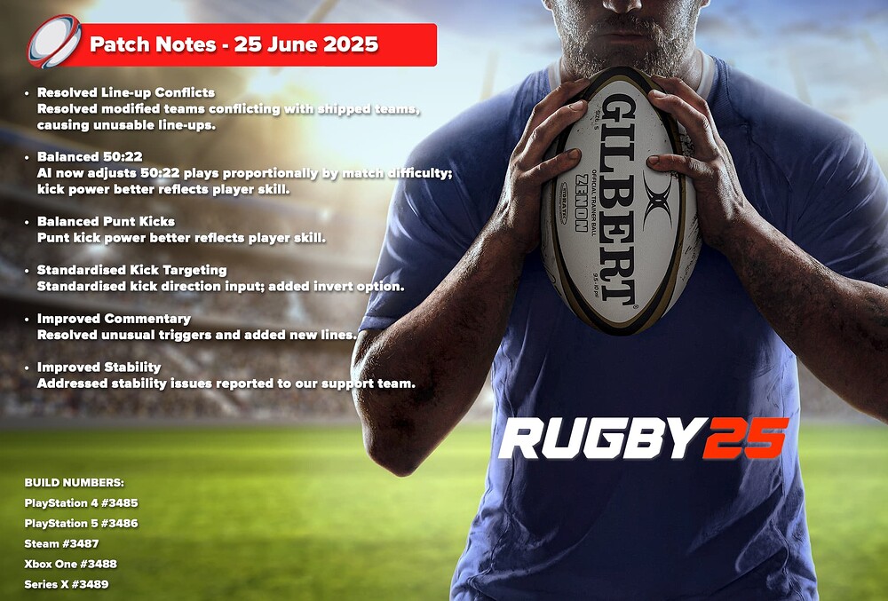 Rugby 25 Patch Notes 25 June