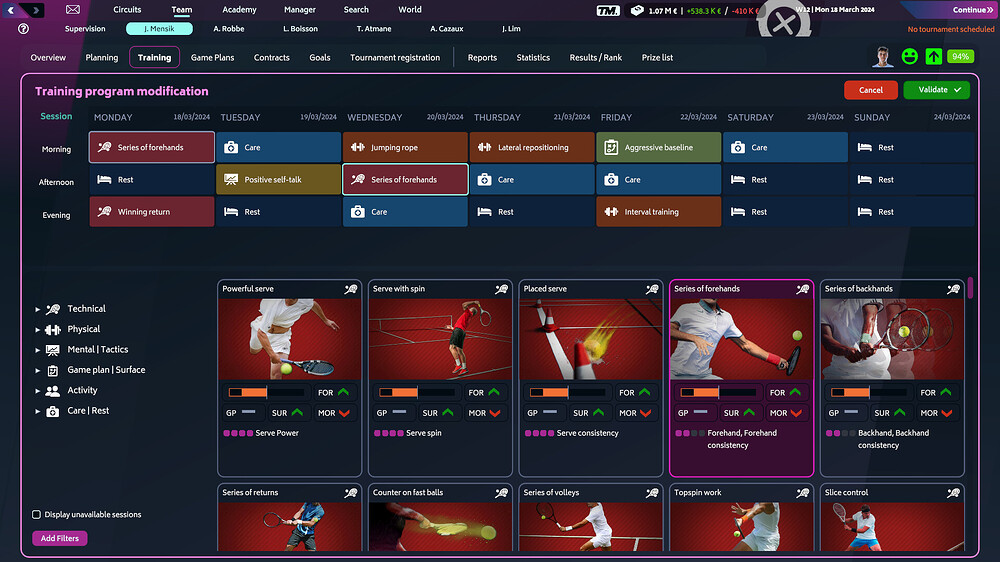 Training details in Tennis Manager