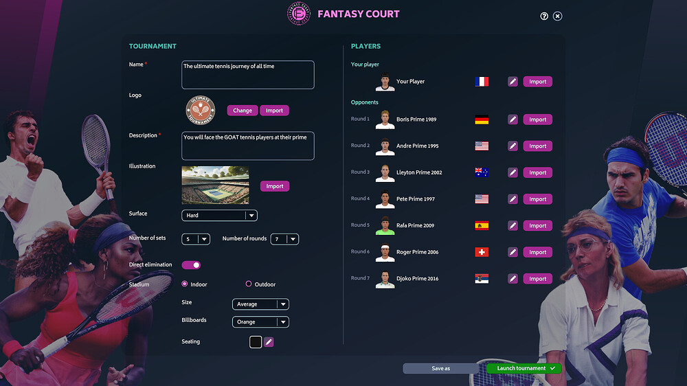 Custom tournament in Tennis Manager
